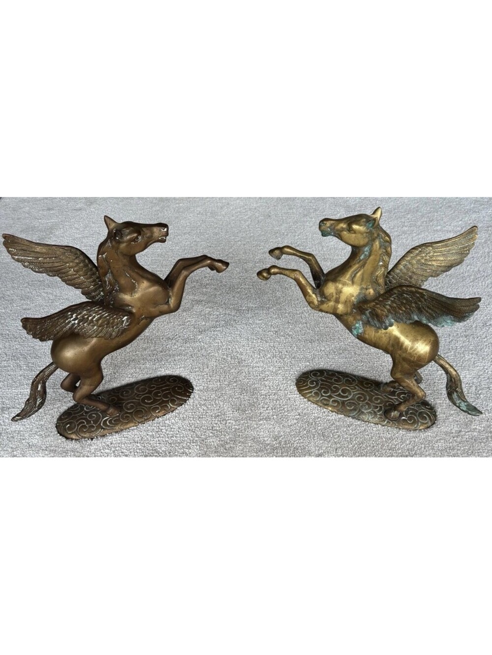 Pair of Pegasus On A Cloud Bookends 12 Inch Brass and Bronze Winged Horse Statue